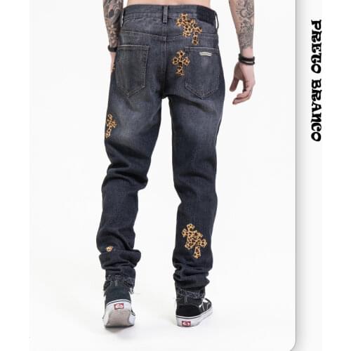 PRETO BRANCO Mens Clothing | High Street Leopard Cross Embroidered Silver Buckle Black Wash Denim Trousers Straight Men Women
