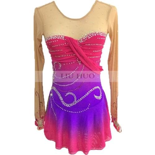 High-end customization Figure Skating Dress Womens Girls' Ice Skating Dress Pink with purple, exquisite Rhinestone decoration