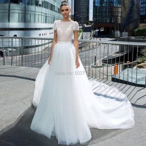 2021 Beach Tulle Mermaid Wedding Dresses Two Pieces Short Sleeves Bridal Gown with Detachable Train Backless Robe De Mariée