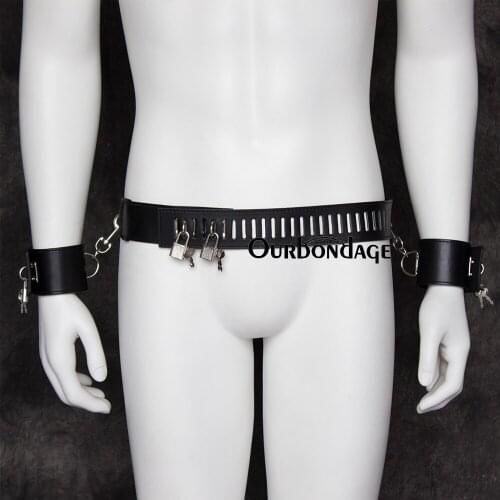 Ourbondage PU Leather Black Strap BDSM Fetish Bondage Wrist Cuffs With Waist Belt Padlcok Restraints For Adult Sex Toy
