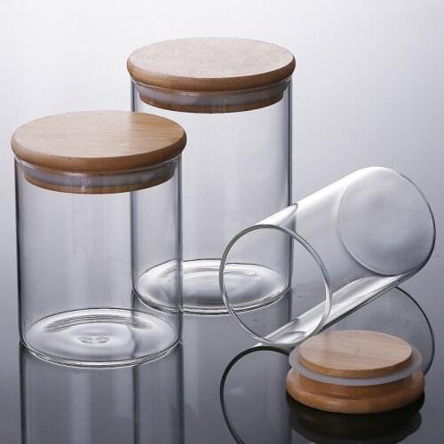 Transparent Glass Jars And Bamboo Lids Food Sugar Storage Containers With Lid Sealed Small Bottle Kitchen Items