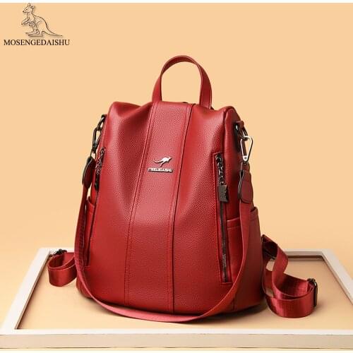 Fashion Women Leather Backpack Women Anti-theft Bookbag Designer Red Casual School Bag for Teenage Girls Large Capacity Rucksack