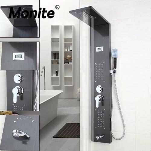Monite Gray Shower Column W/ Massage Jets Solid Brass Bathroom Rainfall Shower Head W/Hand Sprayer Faucet Shower Set Faucets