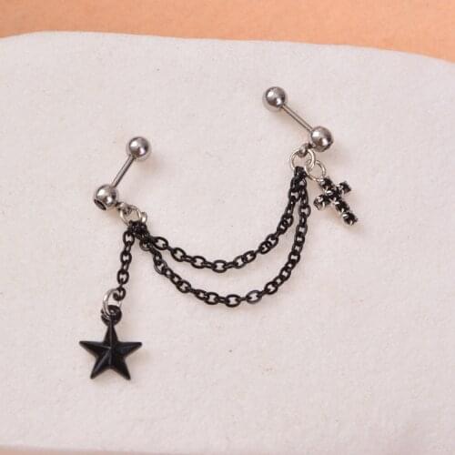 Stainless steel black stars ear stud simple integrated chain double ear hole earrings fashion women body piercing jewelry