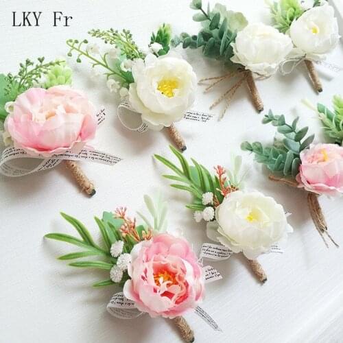 LKY Fr Wedding Groom Boutonniere Buttonhole Groomsmen Brooch Flowers Corsage Pins Silk Rose Peony White Pink Mariage Accessories