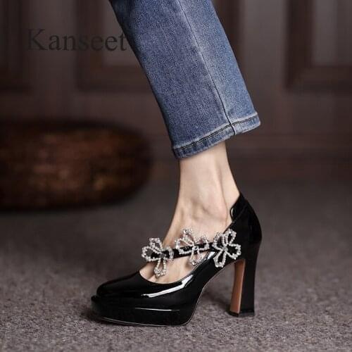 Kanseet Size 34-42 Platform Shoes 2021 Autumn New Pearls Decoration Cow Patent Leather 10cm High Heels Party Dress Womens Pumps