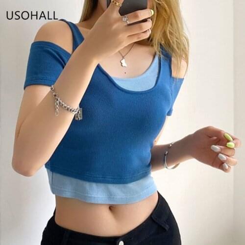 USOHALL Summer Women Casual O-Neck Short Tops Fake Two Pieces Patchwork Tees