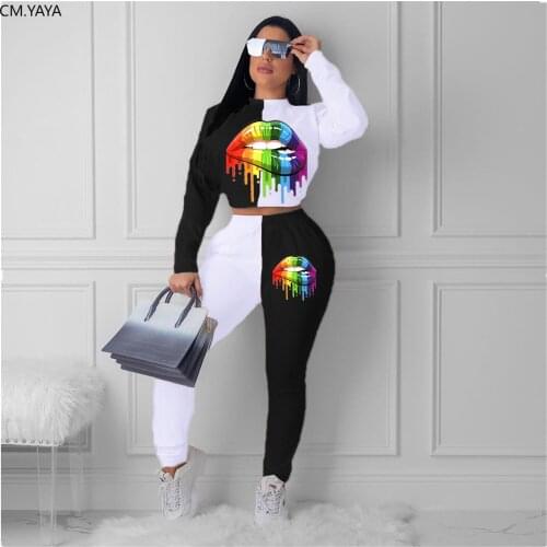 2019 Autumn Winter Women Tracksuits Turtleneck Mouth Print Long Sleeve Top Long Pants two piece set Casual Sporty Outfits L5093