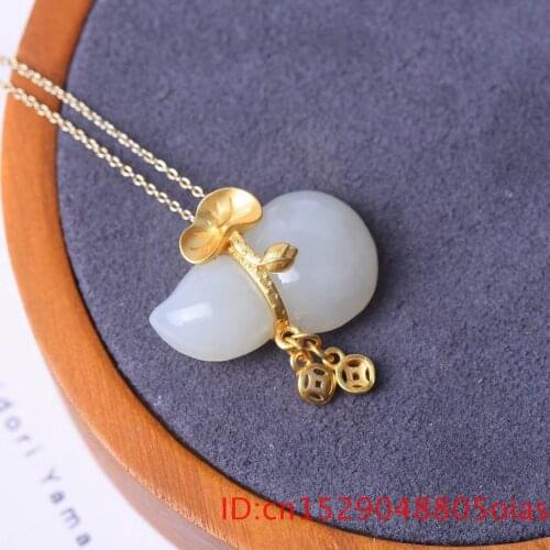Natural Hetian Jade Gourd Pendant Necklace Jewelry Fashion for Gifts Women 925 Silver Chalcedony Amulet