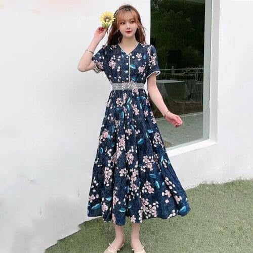 Women Dresses Summer 2021 Casual V Neck Floral Print Boho Beach Dress High Waist Short Sleeve Midi Dress Sundress Robe Cotton