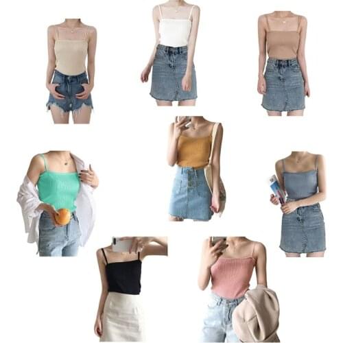 Korean Minimalist Women Sleeveless Ribbed Knit Vest Double Spaghetti Straps Plain Solid Color Camisole Casual Slim Tube Tank Top