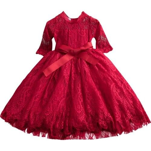 2021 New Lace Girls Dress Five-point Sleeve Solid Color Bow Princess Dresses Elegant Birthday Party Dress Kids Costume