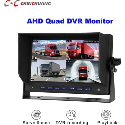 AHD 7" Truck Quad Split Reverse Monitor DVR Video Recording for AHD Car Rear Front Side View Backup Camera and Bus Van Trailer