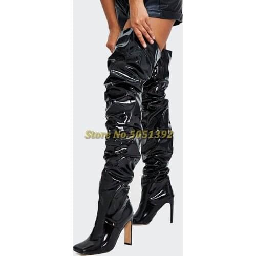 Shiny Black Patent Leahter Slouchy Thigh Boots Square Toe Thin High Heel Over The Knee New Arrivals Boots High Heel Stylish Boot