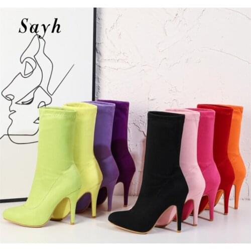 9 Color Fashion Winter Woman Ankle Boots Pointy Toe 10CM High Heels Casual Stretch Bootie Warm Shoes Size Plus