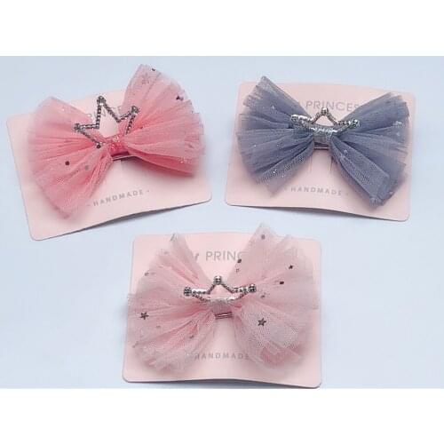 Boutique ins 15pcs Fashion Cute Glitter Star Gauze Bow Hairpins Solid Rhinestone Crown Bowknot Hair Clips Princess Headwear