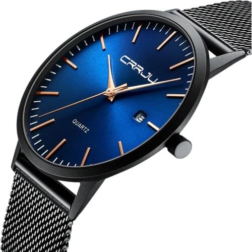 Men Slim Watches CRRJU Stainless steel Quartz Watch for Men Casual Grey Mesh Strap Waterproof Sport Watch Relogio Masculino