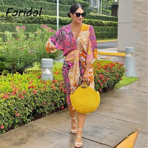 Foridol Paisley Print Batwing Sleeve Kimono Maxi Long Dress Floral Print Half Sleeve Boho Autumn Dress Orange Belt Slit Dress