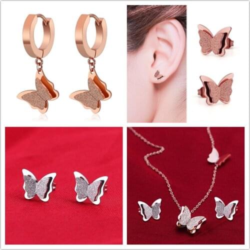 Oly2u Stainless Steel Matte Earrings Circle Double Butterfly Earings for Women Dating Farfalla Jewelry