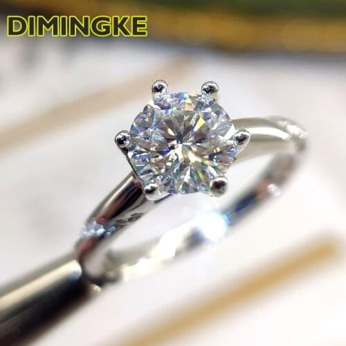 DIMINGKE Classic 6 Prongs 1 Carat 6.5MM Moissanite Wedding Ring Passed the Diamond Test S925 Sterling Silver Jewelry