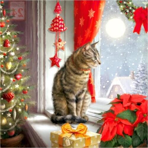 Cat on Windowsill Diamond Painting Christmas Round Full Drill Animal Nouveaute DIY Mosaic Embroidery 5D Cross Stitch Home Decor