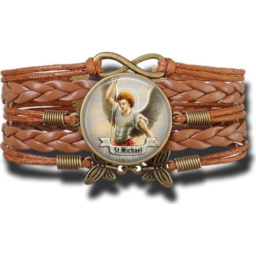 St Michael Francis Vintage Handcrafted Christian Jewelry Saint Virgin Mary Leather Bracelet & Bangle