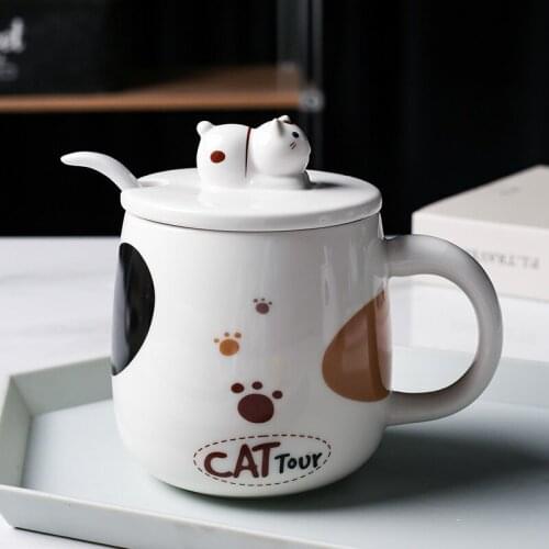 Creative Ceramic Cute Cartoon Cat Coffee Mug With Lid and Spoon Porcelain Teacup Couple Breakfast Milk Cup Office Drinkware