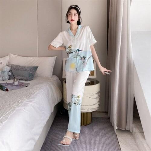 Summer Lapel Women Pajamas High Quality Homewear Pajamas Sets Luxury Cardigan Short sleeve Little bird Pajamas pijamas de mujer