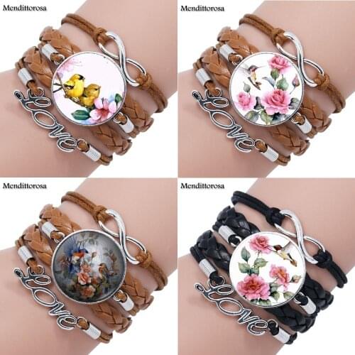 Mendittorosa Flower Bird Fashion Ladies Multilayer Black/Brown Leather Bracelet Bangle Jewelry Glass Cabochon For Girls