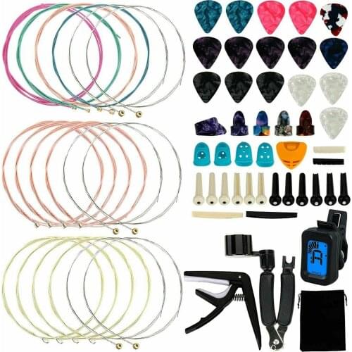 65Pcs Guitar Tool Changing Kit Guitar String Picks Capo Winder&Cutter Tuner Kit Accessories Srings Pick Holder Capo Storage Bag