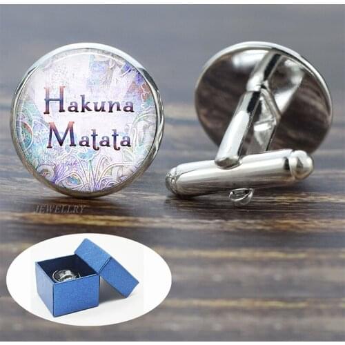Hakuna Matata for Men Cufflinks Set African Proverb Inspirational Quote Glass Cabochon Jewelry Suit Shirt Cuff Links Gift