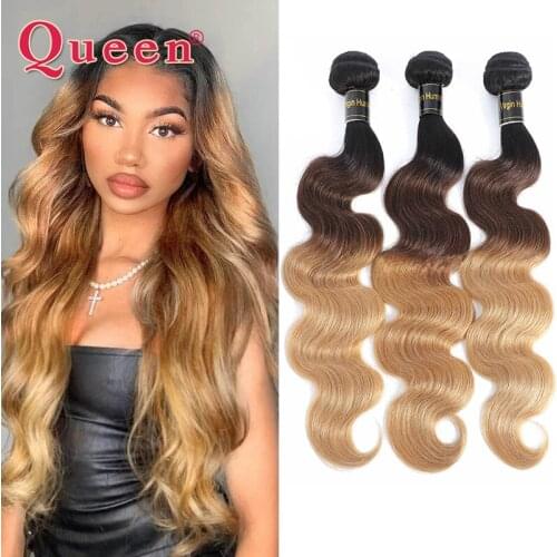 Body Wave Human Hair Bundles Brazilian 1B/4/27 Ombre Bundles Human Hair Body Wave 1/3/4 Bundles Hair Extensions 100% Remy Queen
