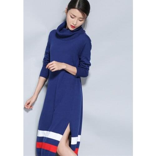 Autumn Winter women Full Sleeve High collar Knit sweater Dress female Loose Knit Split Dress Stripes Womens long Sweaters