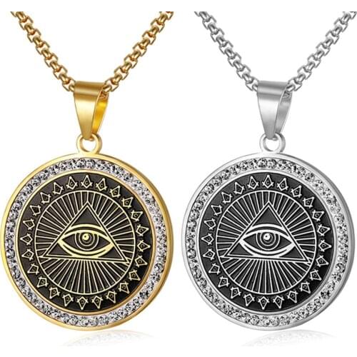 Hip Hop Mens Freemason Pendant Necklace Iced Out Rhinestone Illuminati All-seeing Eye Coins Round Charming Necklace