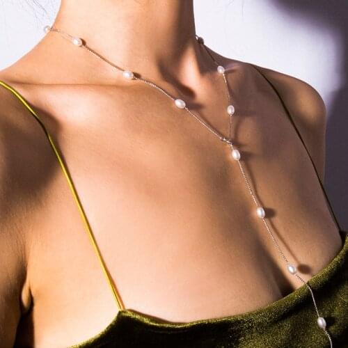 SRCOI Fashion Pearl Beads Lariat Y Chain Pendant Necklace Bohemian Imitation Pearl Long Clavicle Necklace Women Girl Wedding