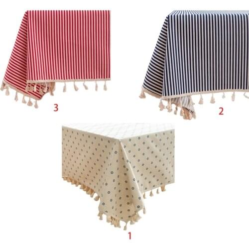 Pastoral Tassel Tablecloth Floral Stripes Print Cotton Linen Kitchen Table Cover