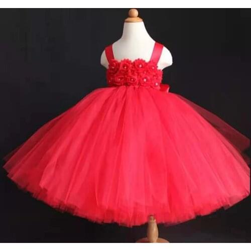 Girls Tutu Wedding Dress For Party Birthday Long Red Flower With Straps Tulle Kid Ball Gown Princess Tutu Vestidos Dress