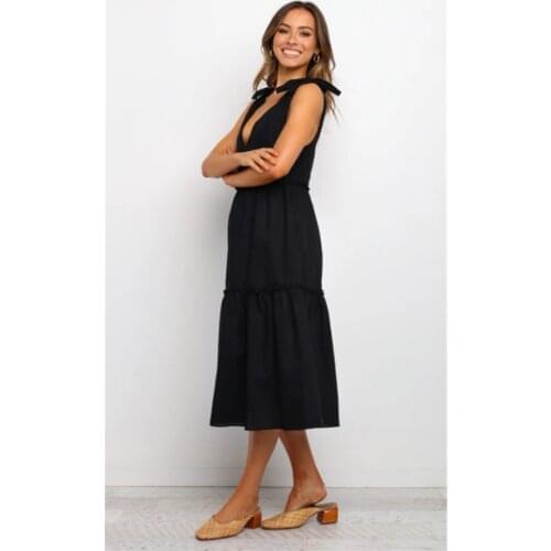 Summer Dress Women Clothing Femme Robe Black A-Line Dresses Patchwork Bow V-Neck Sleeveless Loose Long Dress For Women Vestidos