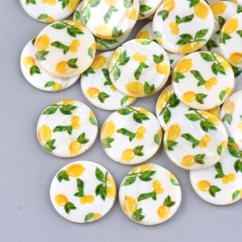 100Pcs Printed Freshwater Shell Beads Flat Round with Lemon/Chillies Pattern Loose Beads For Necklace Bracelet Jewelry Making