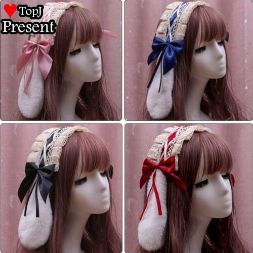 Bunny Plush Lop Ear Hair Band women Girl Kawaii rabbit Hair band Lolita cosplay ears Lace Bowknot Headwear KC Hair Accessories