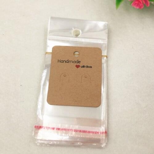 50Pcs Kraft Paper Earrings Jewelry Cards +50Pcs Clear Opp Bags 6x5cm For Handmade With Love Hanging Tags Display Pendants Card