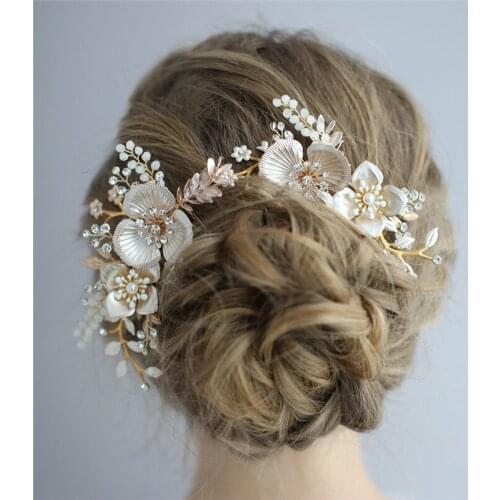 Boho Gold Floral Wedding Hair Crown Tiara Women Prom Accessories Handmade Leaf Headpiece Bridal Long Hair Comb