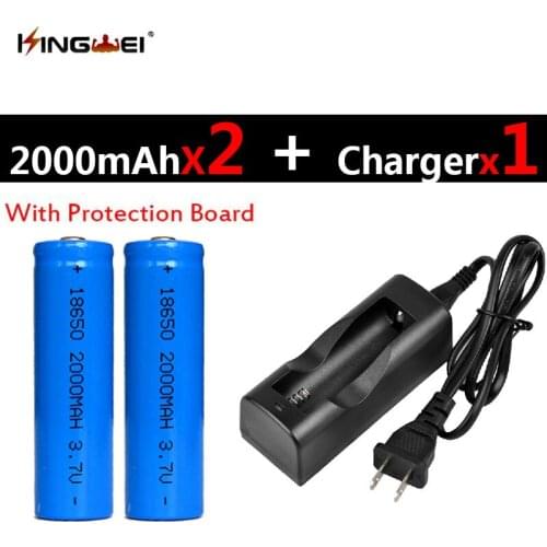 In stock! 2Pcs Protected 18650 Batteries 3.7v 2000mah Rechargeable Li-ion Battery+1pc NK-803C 18650 Charger for Headlight US/EU