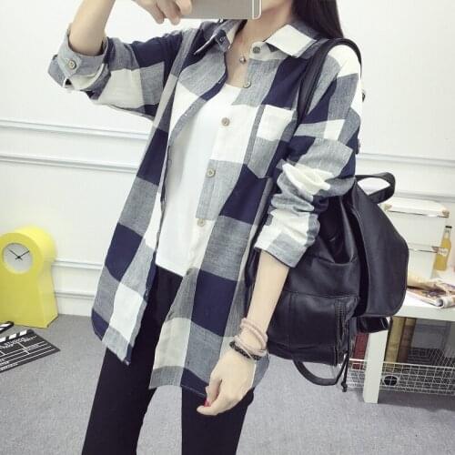 Plaid Shirt Female Korean Spring and Autumn Long-Sleeve Blouse Loose and Plus-sized Long Thin Coat Sunscreen Top Fashion