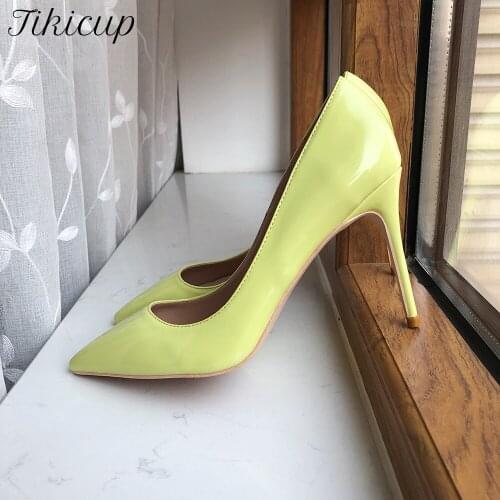 Tikicup Solid Light Yellow Women Patent Stilettos High Heels Large Size 34-45 Ladies Formal Party Dress Shoes Pointy Toe Pumps