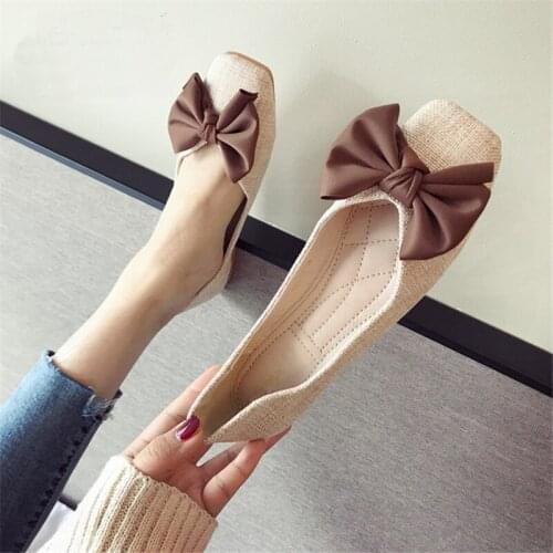 European And American Style Spring Summer New Womens Shoes Large Size Bowknot Fabric Shallow Mouth Square Toe Flat Heel