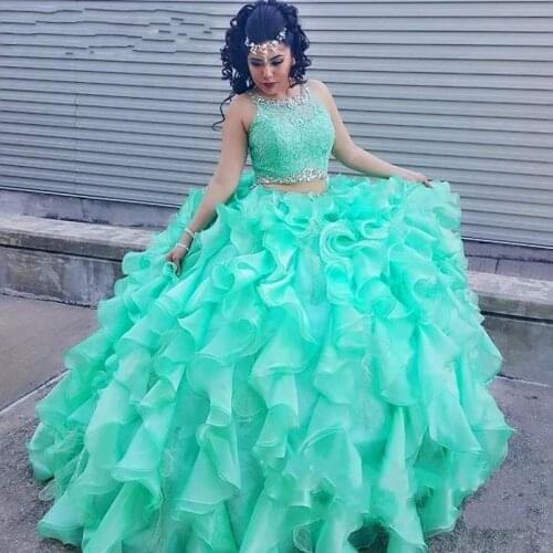 Two piece Lace Turquoise Quinceanera Dresses With Beads Crystal Organza Ball Gowns Sweet 16 Gowns Formal Dress for 15 Years