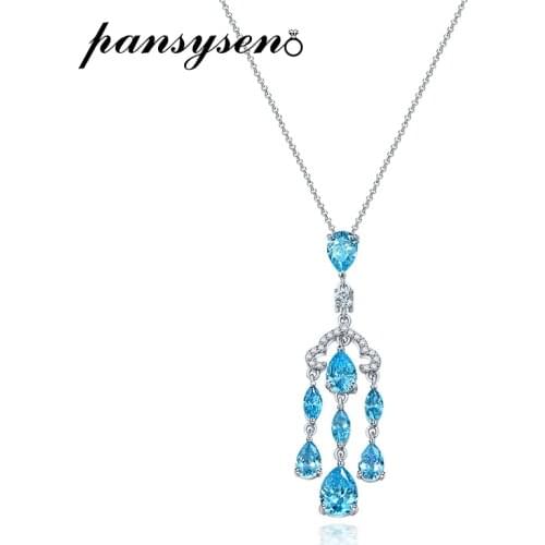 PANSYSEN Solid 925 Sterling Silver Charm Sky Blue Aquamarine Diamond Pendant Necklaces for Women Wedding Fine Jewelry Wholesale