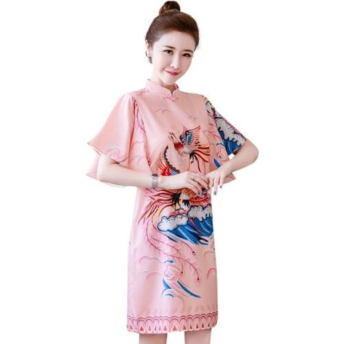 M-4XL Plus Size Pink Phoenix Printing Vintage Chinese Traditional Qipao Casual Party Women Midi Dress Summer Cheongsam Dresses