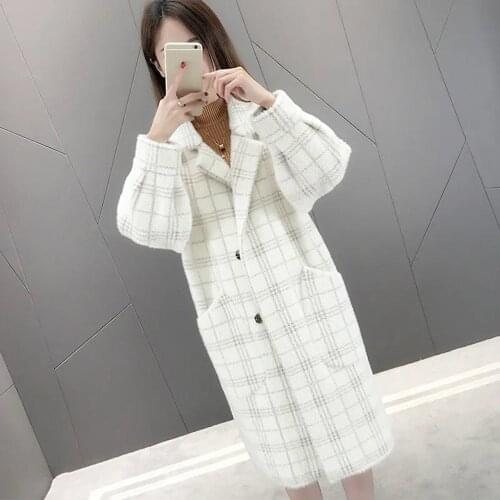 Imitation Mink Velvet Coat Women New Long Woolen Coats Autumn Winter Korean Thick Loose Warm Imitation Mink Plaid Overcoat